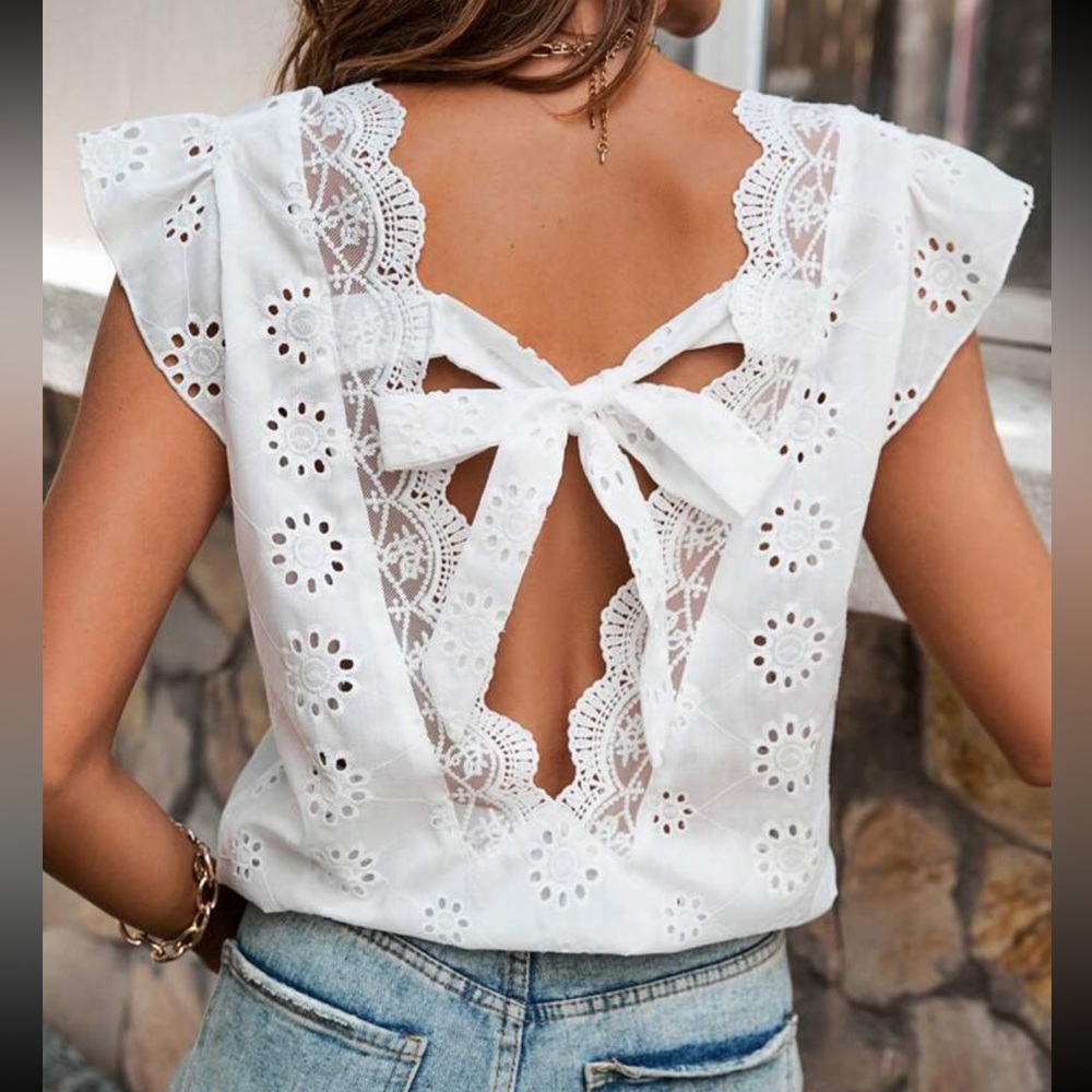 Boho Sheer Floral Eyelet Embroidery Lace Tie Cap Sleeve Top Blouse Shirt White - Picture 4 of 5